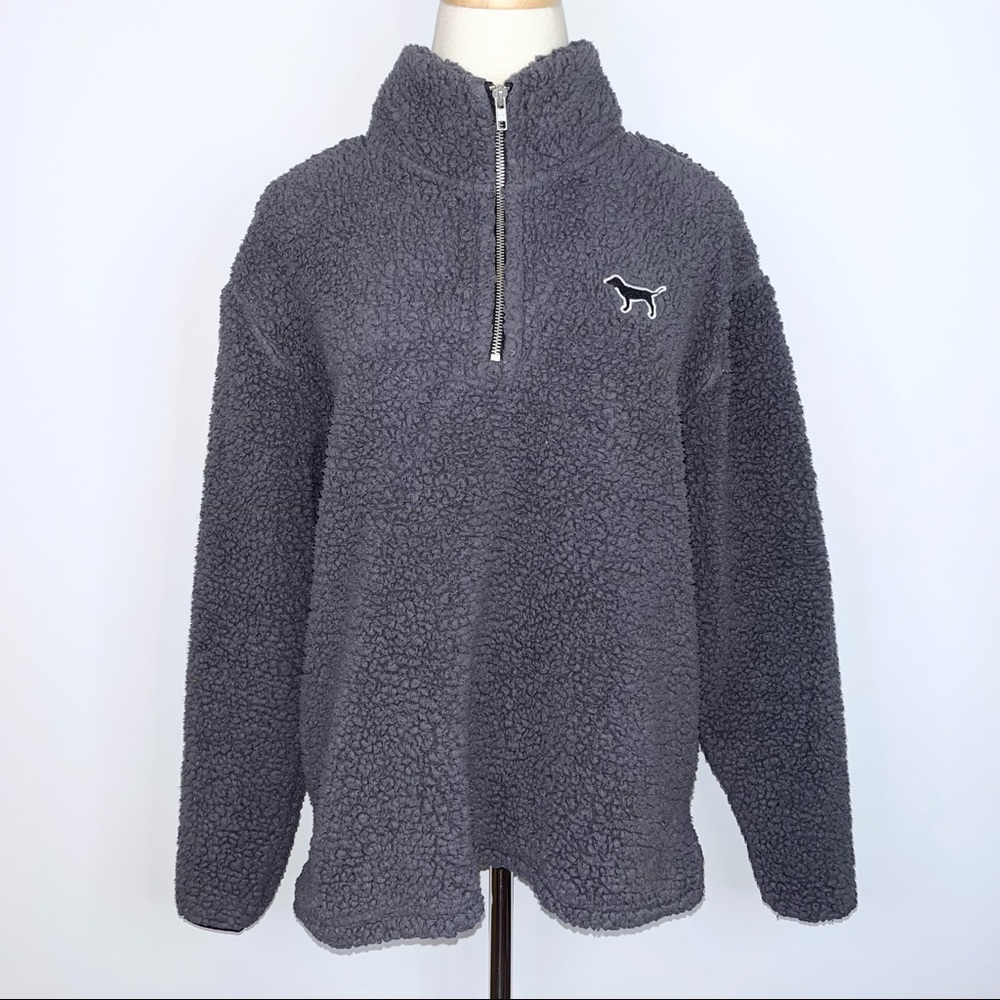 PINK VICTORIA’S SECRET Charcoal Gray Sherpa Fuzzy Half Zip Pullover Small